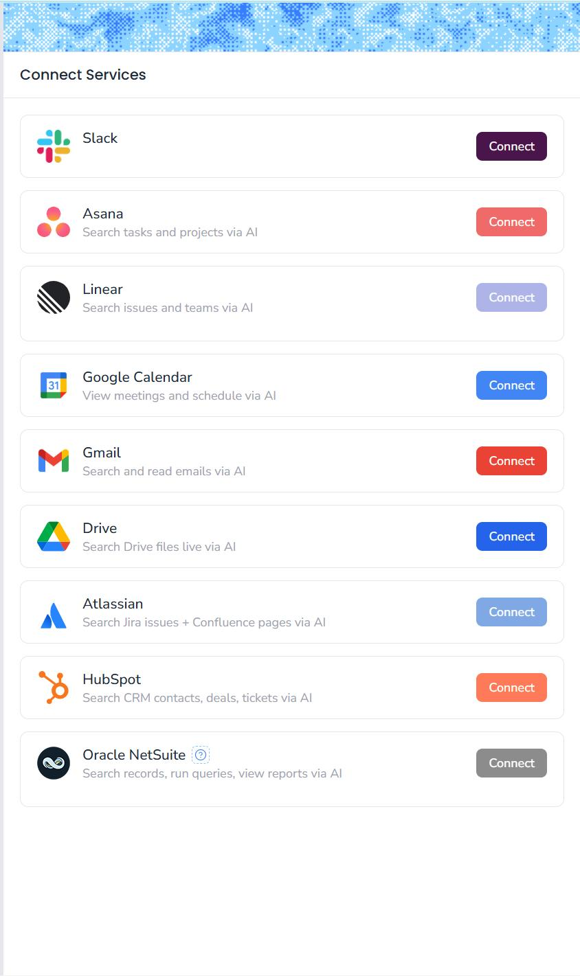 Connect Services in Captain: Slack, Asana, Linear, Google Calendar, Gmail, Drive, Atlassian, HubSpot, and Oracle NetSuite